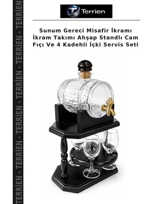 Terrien Sunum Gereci Misafir Ikramı Ikram Takımı Ahşap Standlı Cam Fıçı ve 4 Kadehli Içki Servis Seti