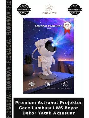 Floranova Premium Astronot Projektör Gece Lambası Lw6 Beyaz Dekor Yatak Aksesuar