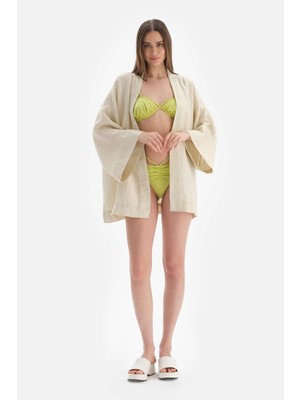 Dagi Kadın Keten Kısa Kimono, Örme, Bej, L-Xl