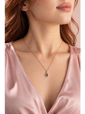 Bs Begisilver 925 Ayar Gümüş Kadın Zümrüt Taşlı Damla Kolye Rose Gold