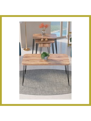 Bezos Siyah Tel 4'lü Sehpa Seti Ceviz Bcks