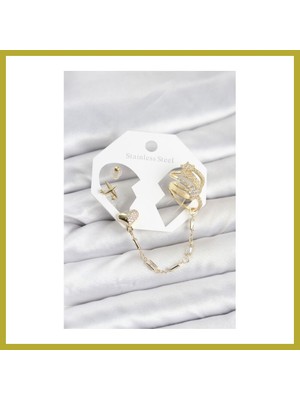 Bezos Kalp Yıldız Model Pirinç Gold Renk Zincir Bağlantılı Ear Cuff Küpe Seti Bcks