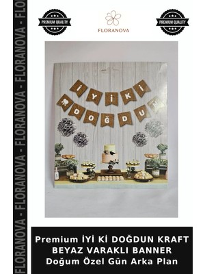 Floranova Premium Iyi Ki Doğdun Kraft Beyaz Varaklı Banner Doğum Özel Gün Arka Plan