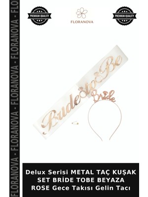 Floranova Delux Serisi Metal Taç Kuşak Set Bride Tobe Beyaza Rose Gece Takısı Gelin Tacı