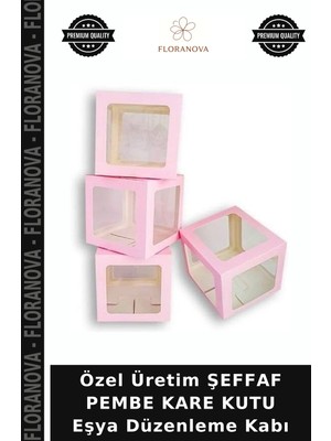 Floranova Özel Üretim Şeffaf Pembe Kare Kutu Eşya Düzenleme Kabı