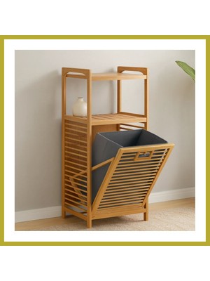 Bezos 2 Katlı Bambu Çamaşır Sepeti Önden Çek-Aç Organizer 40X35X95 cm Bcks
