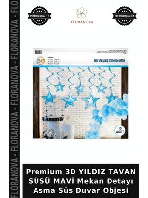 Floranova Premium 3D Yıldız Tavan Süsü Mavi Mekan Detayı Asma Süs Duvar Objesi