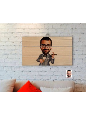BK Gift Kişiye Özel Erkek Patron Karikatürlü Otantik Ahşap Palet Tablo-3