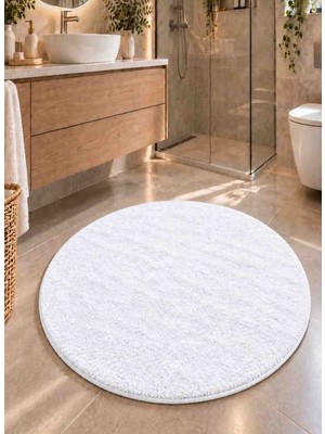 Talvora Home Beyaz Peluş Yıkanabilir Kaymaz Taban Su Emer Yuvarlak 80*80 1 Adet Banyo Halısı
