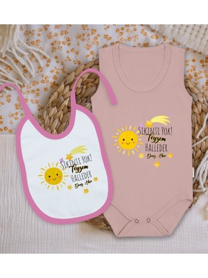 Bk Kids Kişiye Özel Teyzem Halleder Tasarımlı Pembe %100 Pamuklu Askılı Sıfır Kol Bebek Body Zıbın ve Mama Önlüğü Hediye Seti