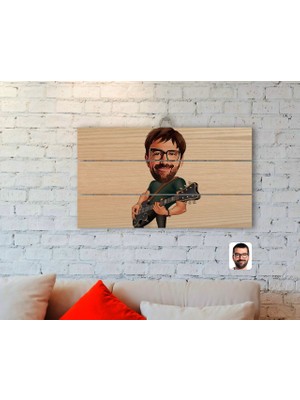 BK Gift Kişiye Özel Erkek Gitarist Karikatürlü Otantik Ahşap Palet Tablo-1