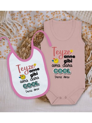 Bk Kids Kişiye Özel Teyze Anne Gibi Tasarımlı Pembe %100 Pamuklu Askılı Sıfır Kol Bebek Body Zıbın ve Mama Önlüğü Hediye Seti