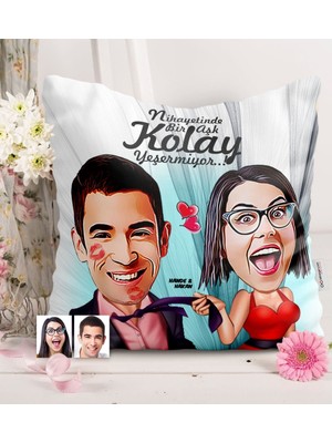 BK Gift Kişiye Özel Sevgililer Karikatürlü Saten Yastık - 4