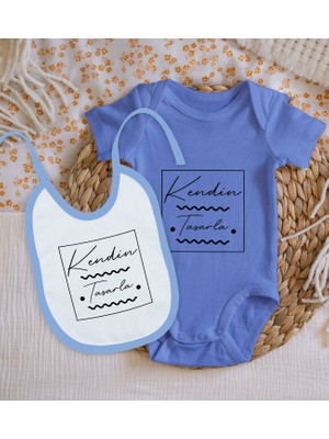 Bk Kids Kişiye Özel Kendin Tasarla Mavi %100 Pamuklu Kısa Kol Bebek Body Zıbın ve Mama Önlüğü Hediye Seti