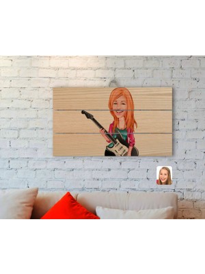 BK Gift Kişiye Özel Kadın Gitarist Karikatürlü Otantik Ahşap Palet Tablo-1