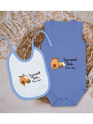 Bk Kids Kişiye Özel Teyzesinin Balı Tasarımlı Mavi %100 Pamuklu Askılı Sıfır Kol Bebek Body Zıbın ve Mama Önlüğü Hediye Seti