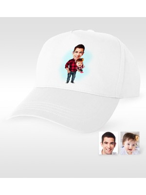BK Gift Kişiye Özel Baba Kız Karikatür Beyaz Şapka - 3