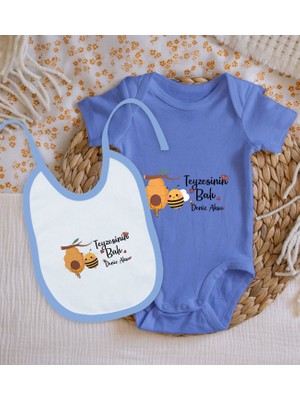 Bk Kids Kişiye Özel Teyzesinin Balı Tasarımlı Mavi %100 Pamuklu Kısa Kol Bebek Body Zıbın ve Mama Önlüğü Hediye Seti