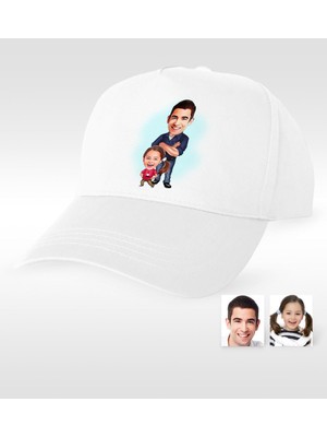 BK Gift Kişiye Özel Baba Kız Karikatür Beyaz Şapka - 2