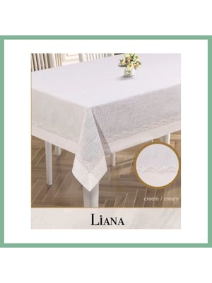 Bşk Virgo Keten Masa Örtüsü Tablecloth 160X220 cm Dantel Yemek Masası Örtüsü Liana Model Krem BSK2026