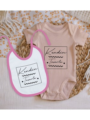Bk Kids Kişiye Özel Kendin Tasarla Pembe %100 Pamuklu Kısa Kol Bebek Body Zıbın ve Mama Önlüğü Hediye Seti