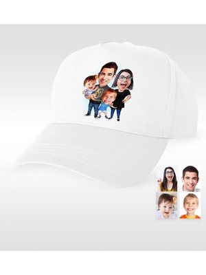 BK Gift Kişiye Özel Aile Karikatür Beyaz Şapka - 3