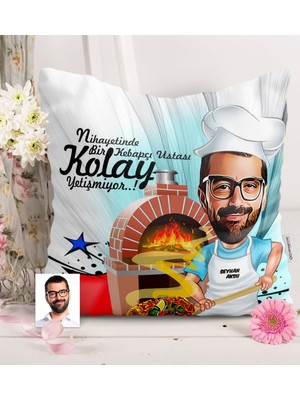 BK Gift Kişiye Özel Bay Kebapçı Ustası Karikatürlü Saten Yastık - 1