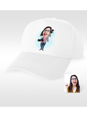 BK Gift Kişiye Özel Bayan Profesyonel Fotoğrafçı Karikatür Beyaz Şapka - 1