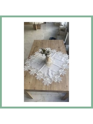 Bşk Virgo Masa Üzerine Runner, Sehpa Örtüsü Fransız Dantel Detaylı Kare 88X 88 cm Kayla Kreme Gold BSK2026