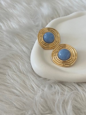 Revoia Mavi Detaylı Yuvarlak Gold Küpe