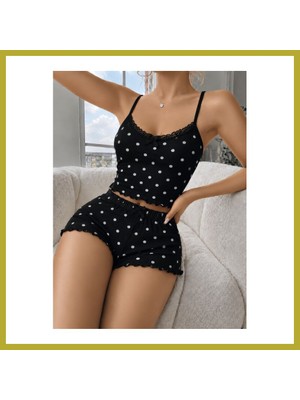 Bezos Kadın Siyah Puantiyeli Dantelli Yumuşak Askılı Şortlu Pijama Takımı 5268 · Beden: L/xl · Renk: Siyah Bcks