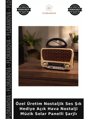 Floranova Özel Üretim Nostaljik Ses Şık Hediye Açık Hava Nostalji Müzik Solar Panelli Şarjlı
