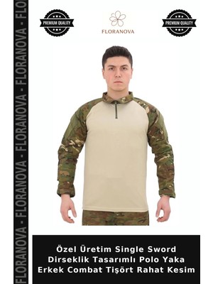 Floranova Özel Üretim Single Sword Dirseklik Tasarımlı Polo Yaka Erkek Combat Tişört Rahat Kesim