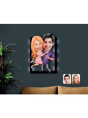 BK Gift Kişiye Özel Sevgililer Karikatürlü 3D LED Işıklı Ahşap Tablo-3