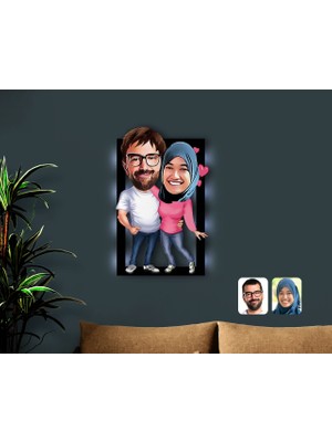 BK Gift Kişiye Özel Sevgililer Karikatürlü 3D LED Işıklı Ahşap Tablo-58