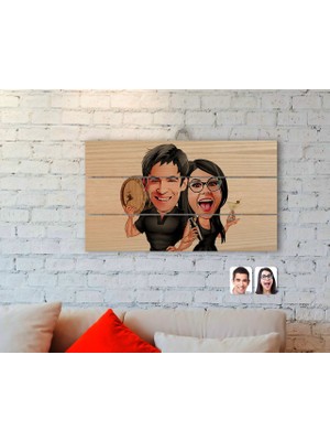 BK Gift Kişiye Özel Sevgililer Karikatürlü Otantik Ahşap Palet Tablo-18