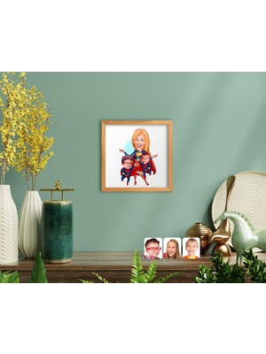 BK Gift Bk Home Süper Anne ve Çocuklar Karikatürlü El Yapımı Ahşap Çerçeveli Tablo-1