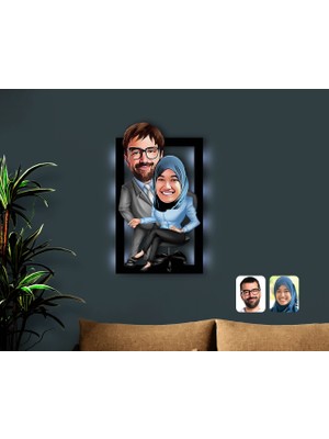 BK Gift Kişiye Özel Sevgililer Karikatürlü 3D LED Işıklı Ahşap Tablo-59