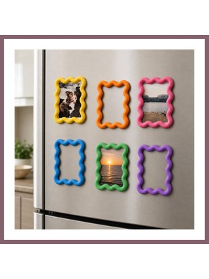 Bezos 3D Baskı 6lı Asorti Renk Dalgalı Magnet Fotoğraf Çerçevesi Seti - Buzdolabı Için Mini Manyetik Resim Çerçevesi Bzss