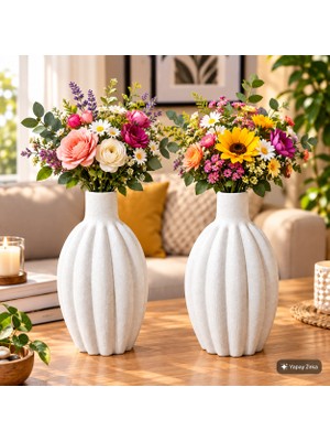 Belirtilmemiş Lunara 2'li Oval Dokulu Dekoratif Vazo Seti