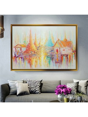 Giyense Tabloyağlı Boya Dokulu Asya Tapınak Manzarası Çerçeveli Kanvas Tablo Modern Salon Dekoru