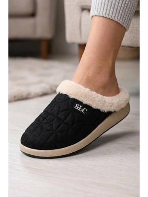 Shoemix Kadın Siyah Kürklü Kapitone Ev Terliği Sıcak Tutan Rahat Taban Kışlık Sabo Panduf