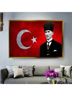 Giyense Tablokalpaklı Atatürk ve Türk Bayrağı Portresi Çerçeveli Kanvas Tablo Modern Salon Dekoru