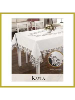 Bezos Keten Masa Örtüsü Tablecloth 155X220 cm Dantel Masası Örtüsü Kayla Model Krem Bcks