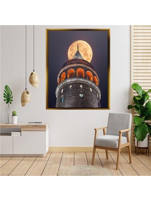 Giyense Tablodolunay ve Gece Galata Kulesi Fotoğrafı Kanvas Tablo Istanbul Manzaralı Duvar Dekoru