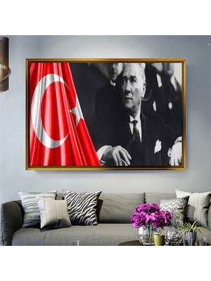 Giyense Tablotürk Bayrağı ve Atatürk Portresi Tablosu Çerçeveli Kanvas Tablo Modern Salon Dekoru