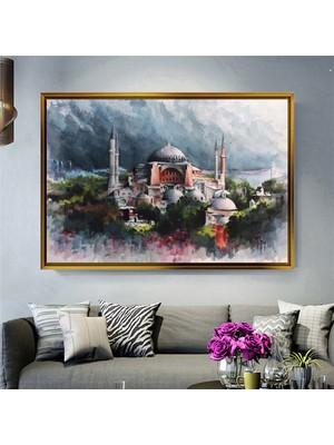 Giyense Tabloayasofya Camii Tarihi Illüstrasyon Çerçeveli Kanvas Tablo Modern Salon Dekoru