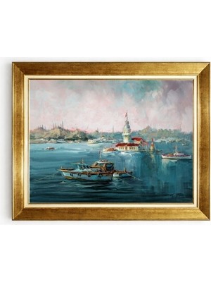 Giyense Tablo Istanbul Kız Kulesi Manzaralı Altın Çerçeveli Kanvas Tablo Yağlı Boya Görünümlü Klasik Salon Tablosu