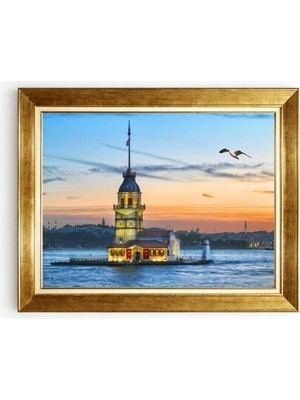 Giyense Tablo Istanbul Kız Kulesi Manzaralı Gün Batımı Martı Detaylı Salon Duvar Tablosu