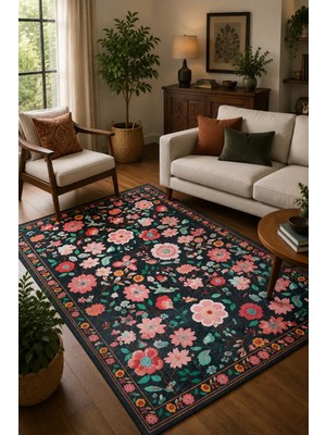 Renkli Floral Desen Siyah Baskılı Yıkanabilir Kaymaz Taban Halı Salon Oturma Odası Halısı Yolluk